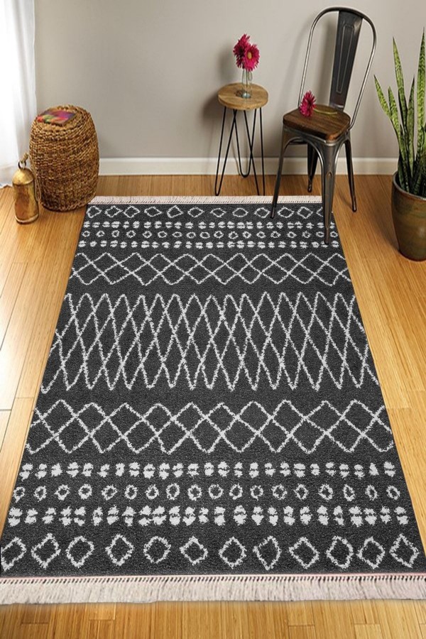 Else Siyah Beyaz Çizgili Desenli Yıkanabilir Kaymaz Pamuk Taban Dekoratif Kilim Halı Else Siyah Beyaz Çizgili Desenli Yıkanabilir Kaymaz Pamuk Taban Dekoratif Kilim Halı