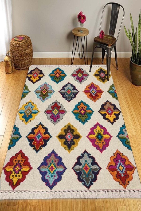 Karolu Anadolu Desenli Yıkanabilir Kaymaz Pamuk Taban Dekoratif Kilim Halı