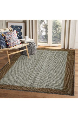 Else Kahverengi Bordürlü Gri Jüt Hasır Görünümlü Yıkanabilir Salon Halısı