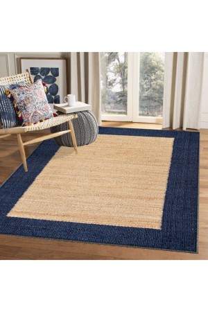 Else Lacivert Bordürlü Kahverengi Jüt Hasır Görünümlü Yıkanabilir Salon Halısı