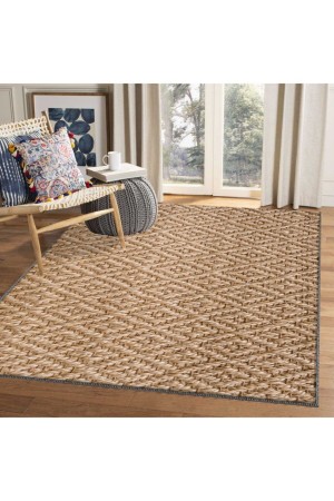 Else Kahverengi Geometrik Karolar Jüt Hasır Görünümlü Yıkanabilir Salon Halısı