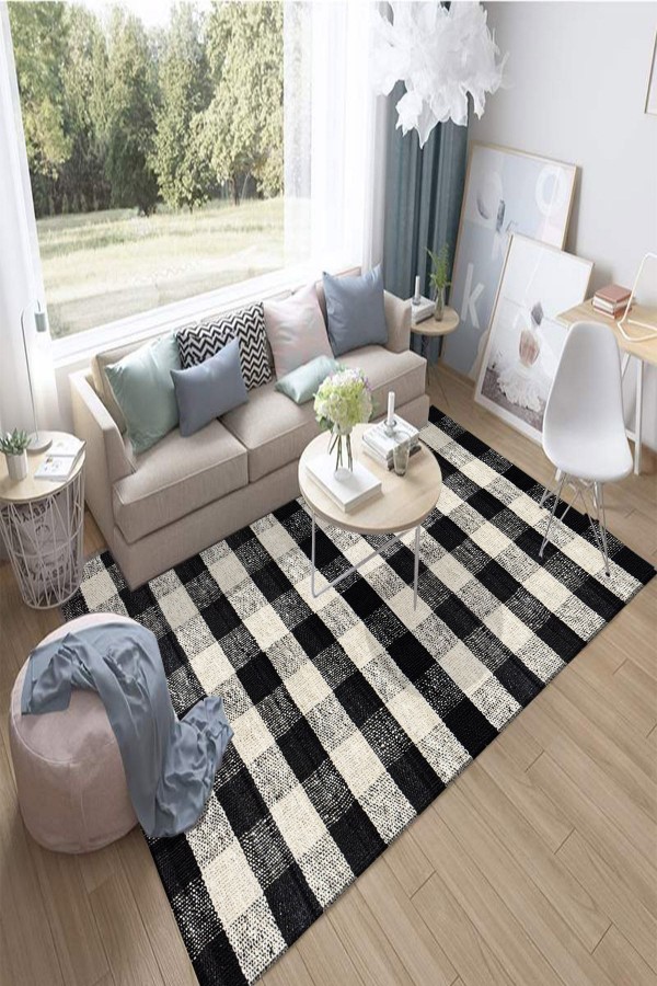 Else Siyah Beyaz Ekose Desenli Kaymaz 3d Desenli Baskılı Salon Halısı Else Siyah Beyaz Ekose Desenli Kaymaz 3d Desenli Baskılı Salon Halısı