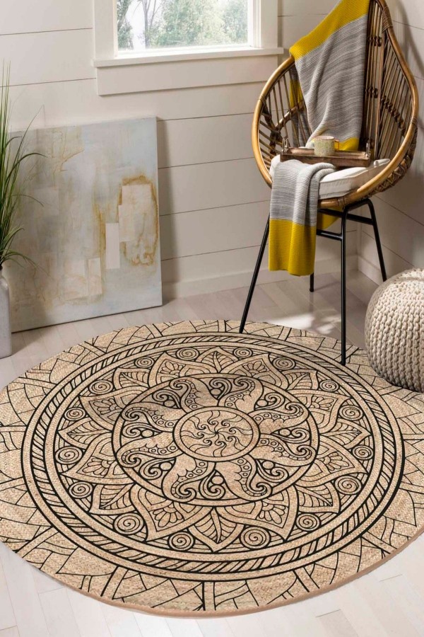 Kuşlar Mandala Bolero Örme Jüt Örgü Halı Hasır Kilim