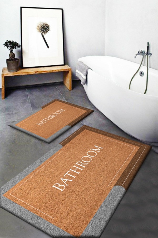 Else Kahve Bath Yazılı Yıkanabilir Kaymaz Taban 2 Li Banyo Paspası Klozet Takımı Halısı Passo-11