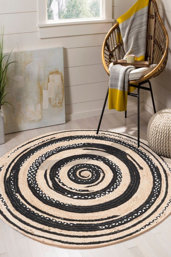 Siyah Krem Çizgili Bolero Örme Jüt Örgü Halı Hasır Kilim