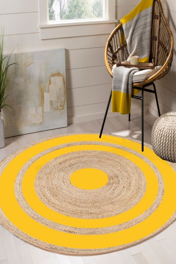Else Sarı Çizgili Bolero Örme Jüt Örgü Halı Hasır Kilim