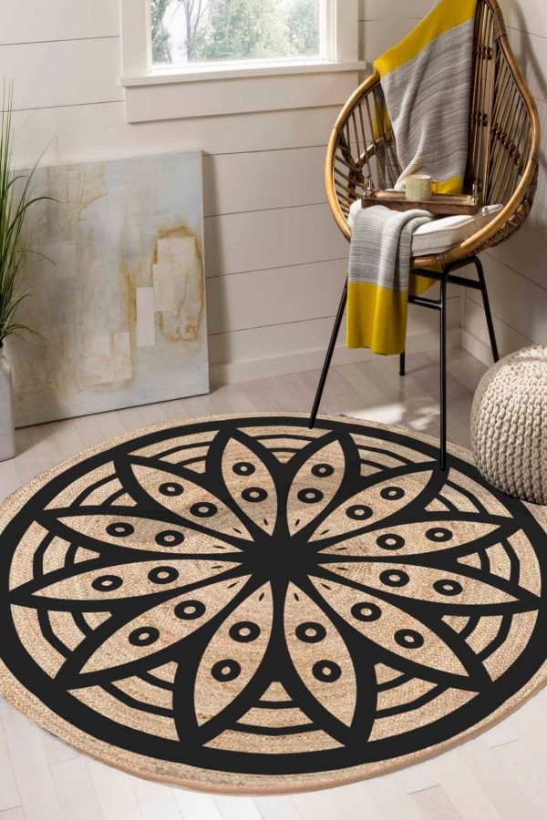 Bej Etnik Mandala Bolero Örme Jüt Örgü Halı Hasır Kilim 04