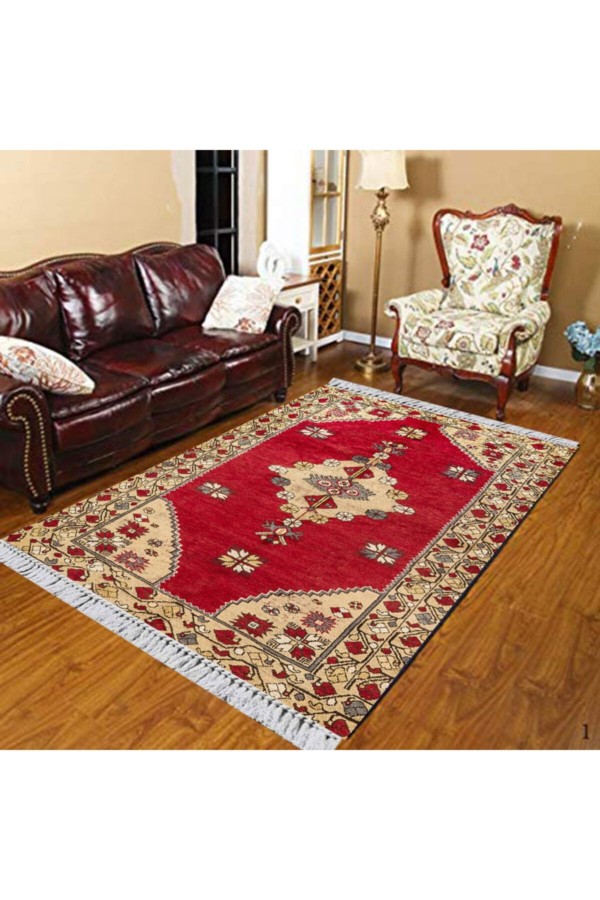Krem Kırmızı Pers Yıkanabilir Saçaklı Ince Kilim Halı 80x150