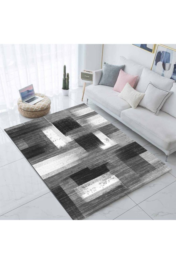 Else Gri Siyah Beyaz Iskandinav Modern Desenli Salon Halısı 80x150