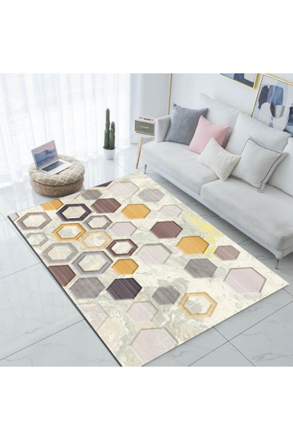 Else Sarı Kahve Gri Karolar Geometrik Modern Desenli Salon Halısı 80x150 Else Sarı Kahve Gri Karolar Geometrik Modern Desenli Salon Halısı 80x150