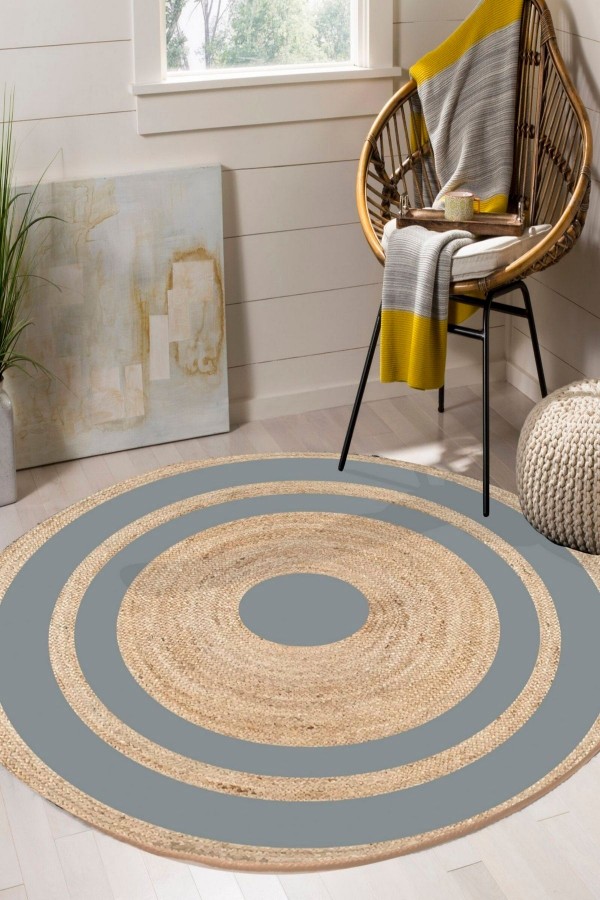Gri Çizgili Bolero Örme Jüt Örgü Halı Hasır Kilim