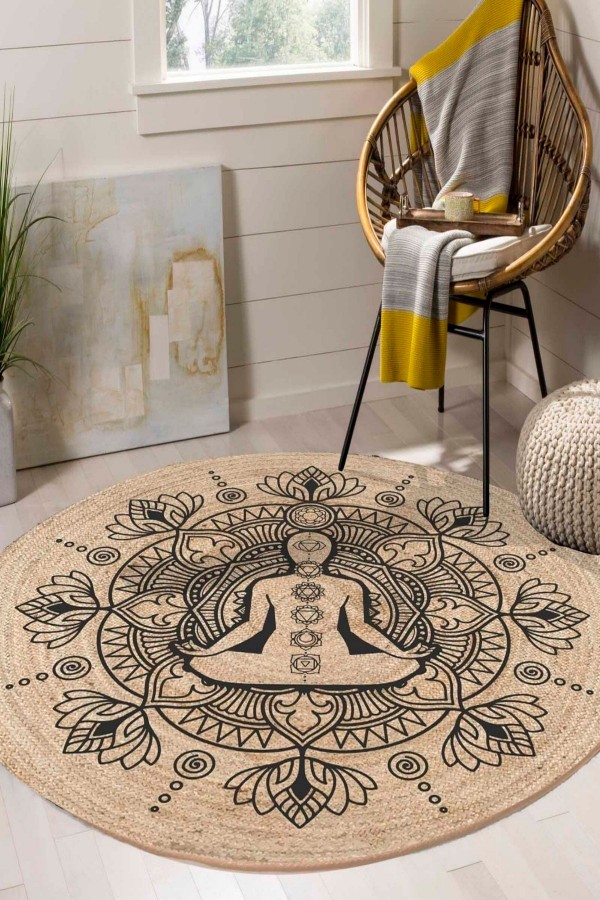 Mandala Güneş Bolero Örme Jüt Örgü Halı Hasır Kilim