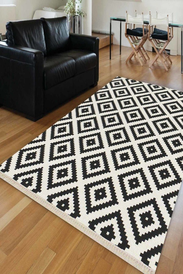 Else Siyah Beyaz Ikat Ogee Dekoratif Saçaklı Ince Kilim Halı