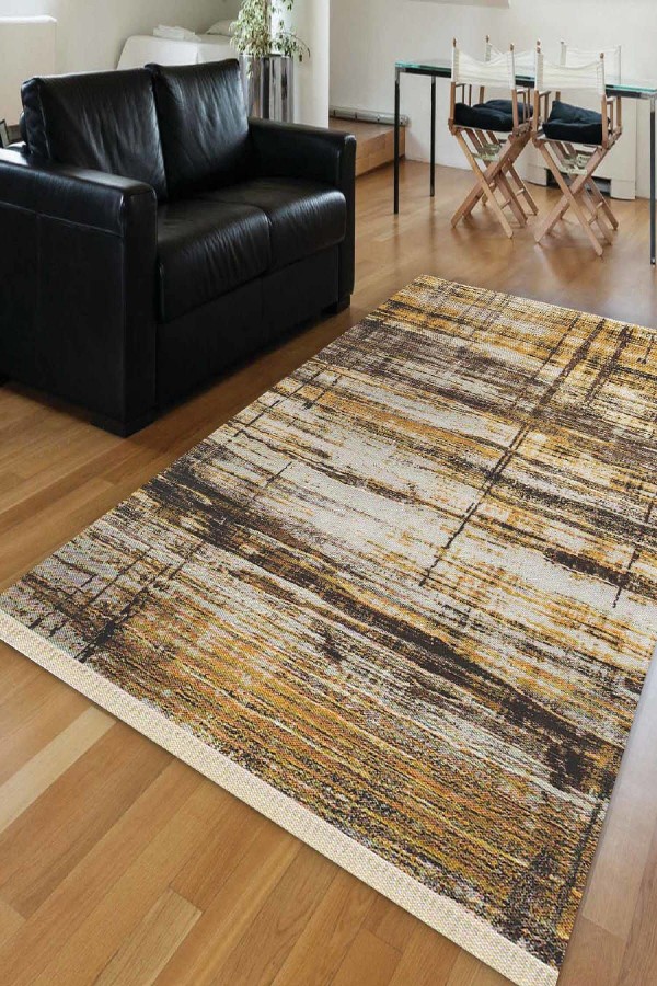 Else Sarı Kahve Çizgiler Klasik Dekoratif Saçaklı Ince Kilim Halı