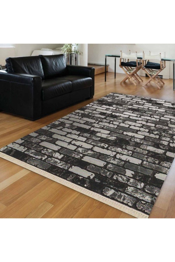 Gri Tuğla Duvar Klasik Dekoratif Saçaklı Ince Kilim Halı 80x150