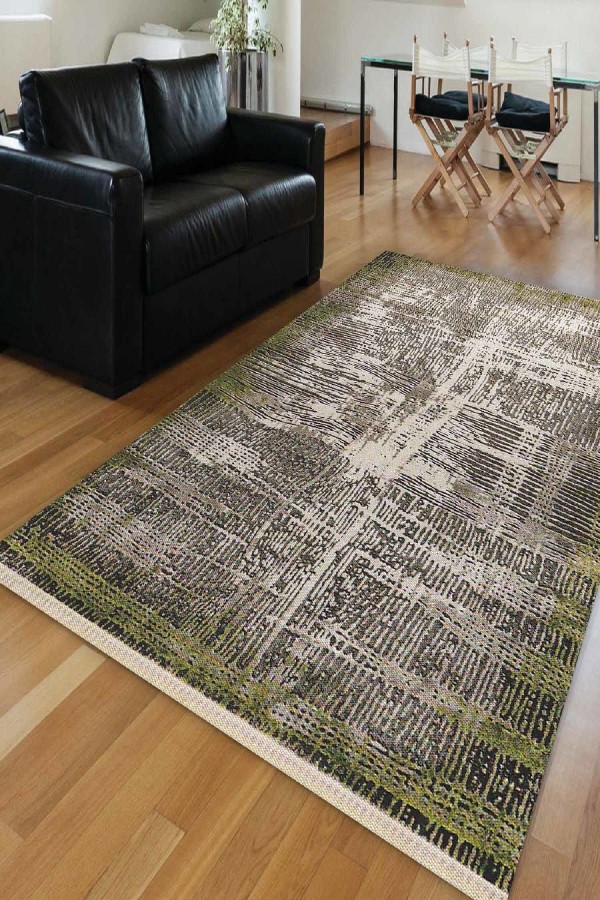 Else Yeşil Siyah Retro Klasik Dekoratif Saçaklı Ince Kilim Halı
