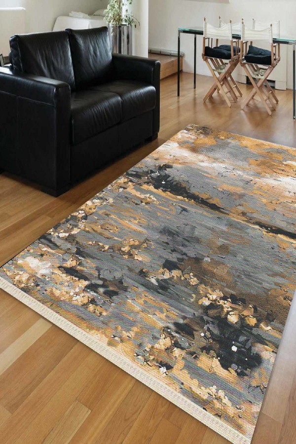 Else Sarı Gri Vintage Eskitme Dekoratif Saçaklı Ince Kilim Halı
