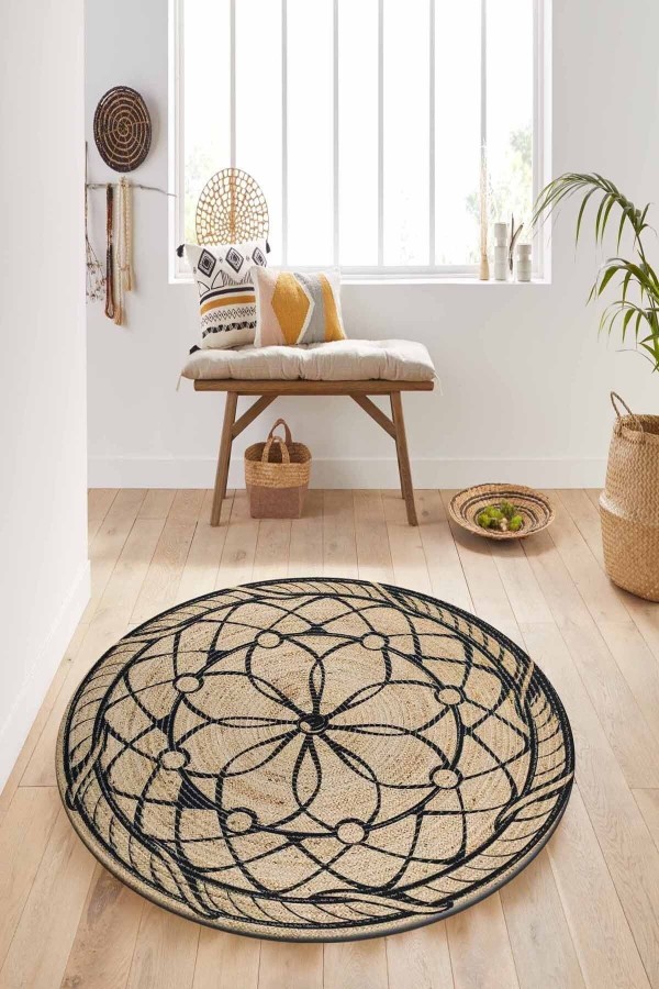 Bej El Örgü Yuvarlak Dekoratif Jüt Hasır Kilim Bkj09