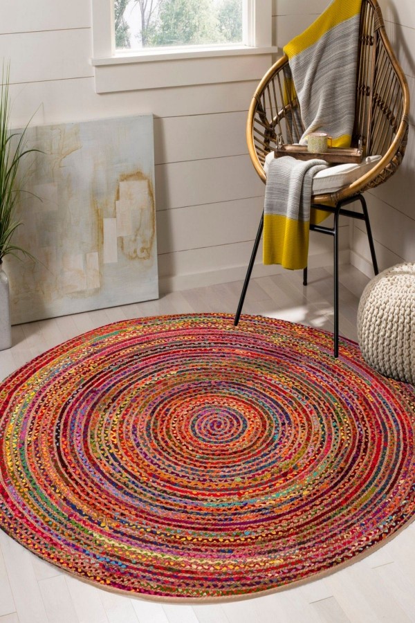 Renkli Çizgiler Bolero Örme Jüt Örgü Halı Hasır Kilim