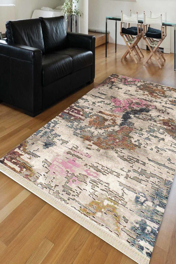 Else Renkli Eskitmeli Klasik Dekoratif Saçaklı Ince Kilim Halı