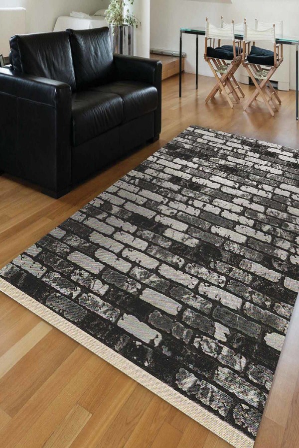 Else Gri Tuğla Duvar Klasik Dekoratif Saçaklı Ince Kilim Halı
