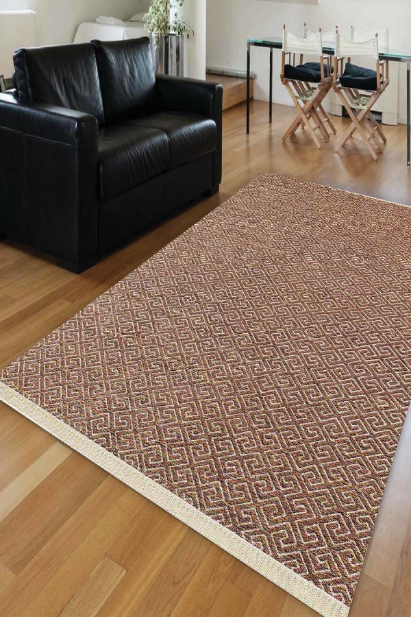 Else Kilit Desen Kahve Düz Renk Modern Saçaklı Ince Kilim Halı