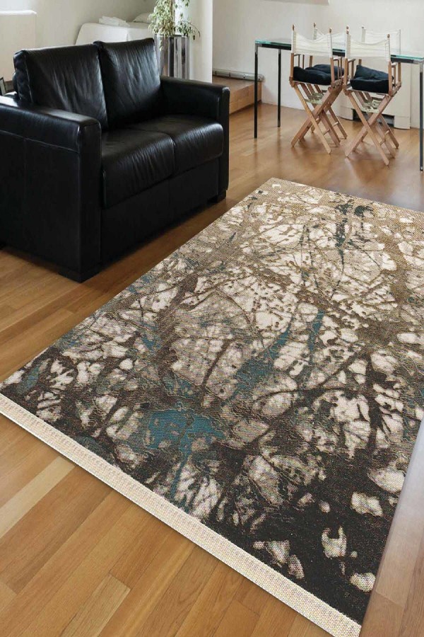 Else Eskitme Kahverenkli Klasik Dekoratif Saçaklı Ince Kilim Halı