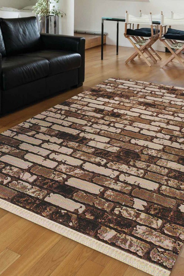 Else Kahve Tuğla Duvar Eskitme Dekoratif Saçaklı Ince Kilim Halı