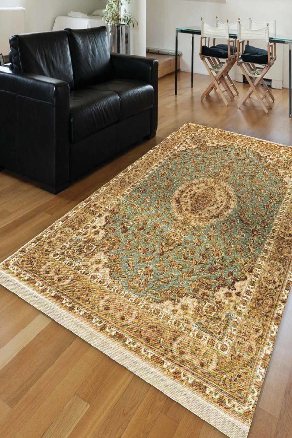 Else Altın Rengi Iran Klasik Dekoratif Saçaklı Ince Kilim Halı