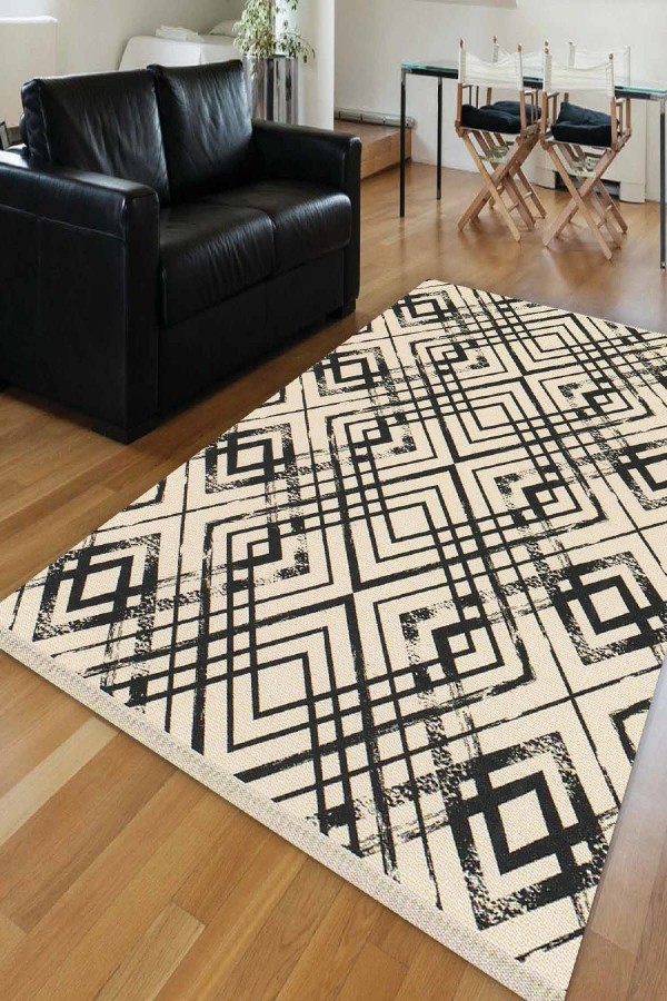 Else Sarı Siyah Karolar Klasik Dekoratif Saçaklı Ince Kilim Halı