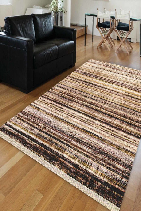 Else Kahverengi Çizgili Eskitme Dekoratif Saçaklı Ince Kilim Halı