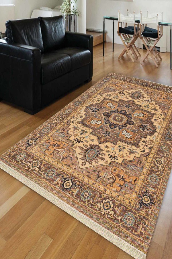Else Türkmen Kahverengi Klasik Dekoratif Saçaklı Ince Kilim Halı