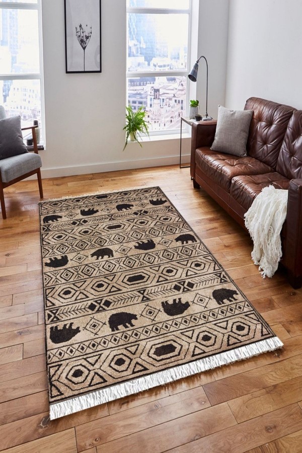 Else Kahverengi Siyah Kızılderili Vintage Saçaklı Bohem Kilim Halı