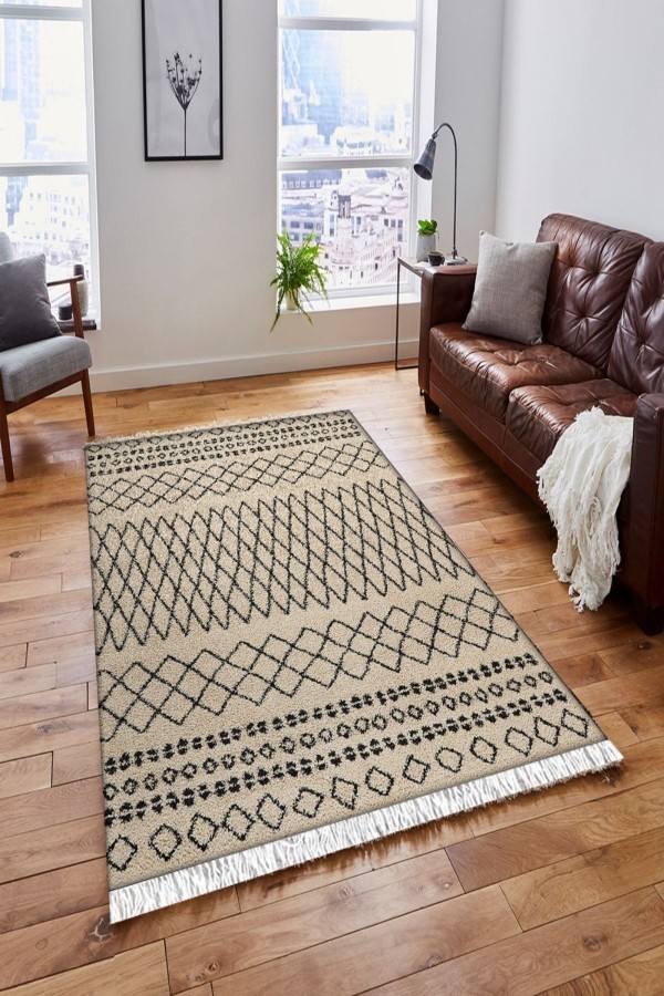 Else Kahverengi Siyah Karolar Vintage Saçaklı Bohem Kilim Halı