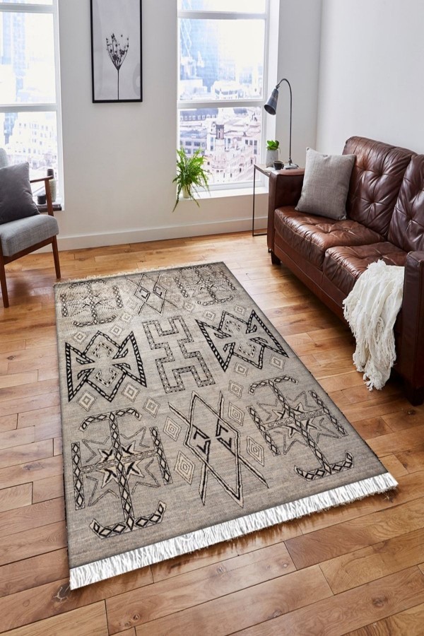 Else Gri Siyah Etnik Motif Vintage Saçaklı Bohem Kilim Halı Else Gri Siyah Etnik Motif Vintage Saçaklı Bohem Kilim Halı