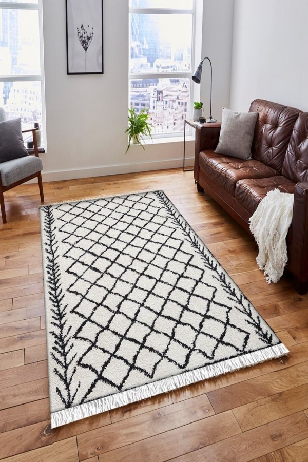 Else Siyah Beyaz Karo Oklar Vintage Saçaklı Bohem Kilim Halı
