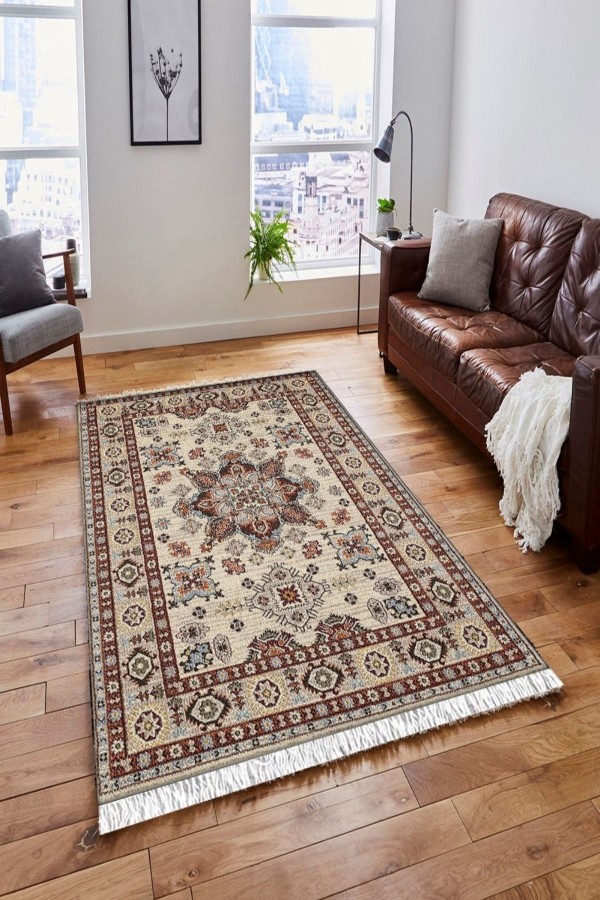 Else Kahverengi Krem Etnik Vintage Saçaklı Bohem Kilim Halı