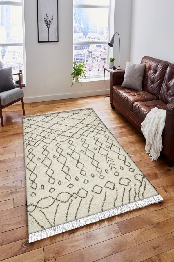 Else Krem Siyah Karışık Çizgiler Vintage Saçaklı Bohem Kilim Halı
