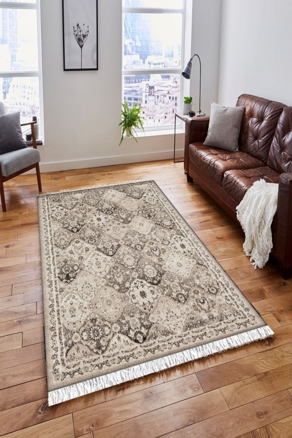 Else Krem Kahverengi Otantik Vintage Saçaklı Bohem Kilim Halı