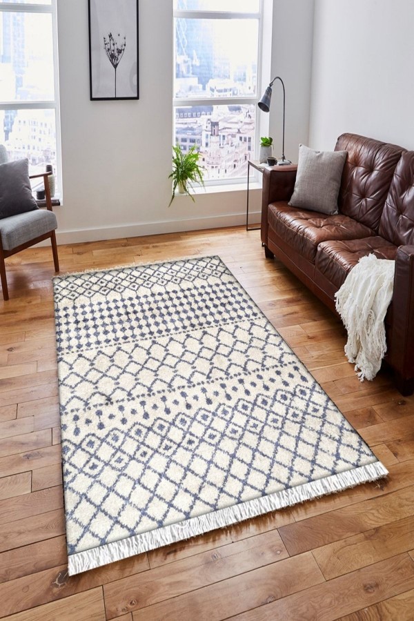 Else Mavi Krem Çizgiler Vintage Saçaklı Bohem Kilim Halı