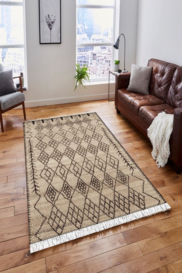 Else Karolar Kahverengi Geometrik Vintage Saçaklı Bohem Kilim Halı