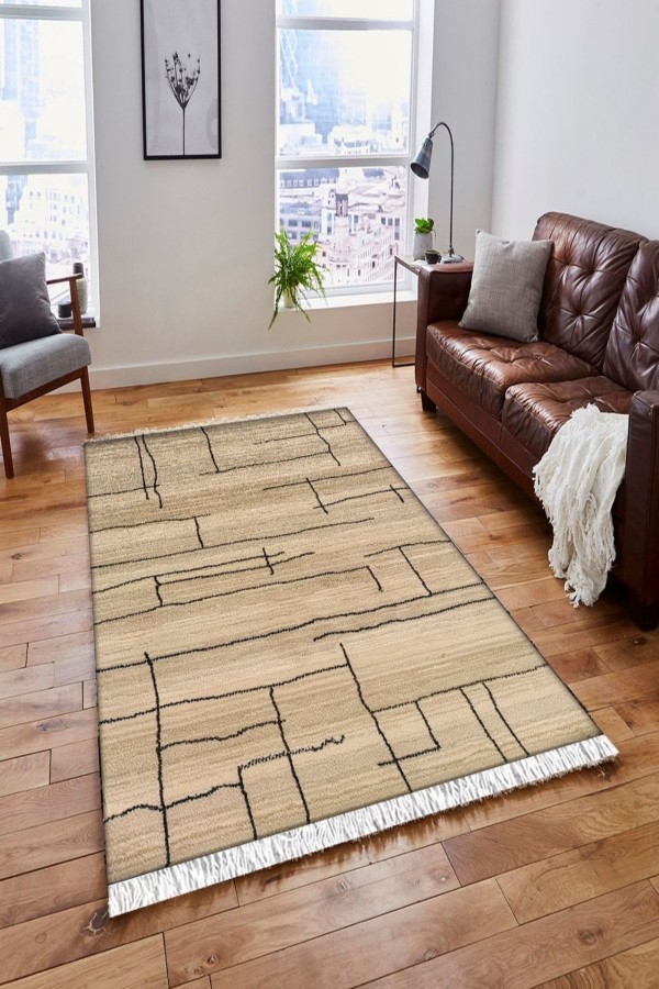 Else Kahverengi Çizgiler Vintage Saçaklı Bohem Kilim Halı