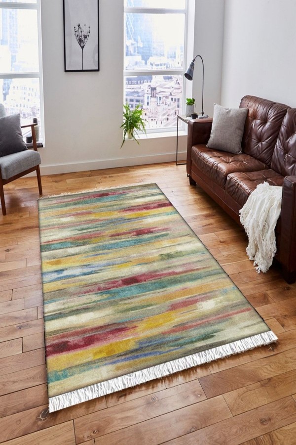 Else Yeşil Sarı Bordo Boyalar Vintage Saçaklı Bohem Kilim Halı Else Yeşil Sarı Bordo Boyalar Vintage Saçaklı Bohem Kilim Halı