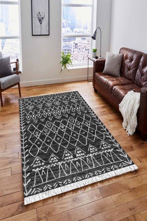 Else Siyah Beyaz Çizgili Vintage Saçaklı Bohem Kilim Halı