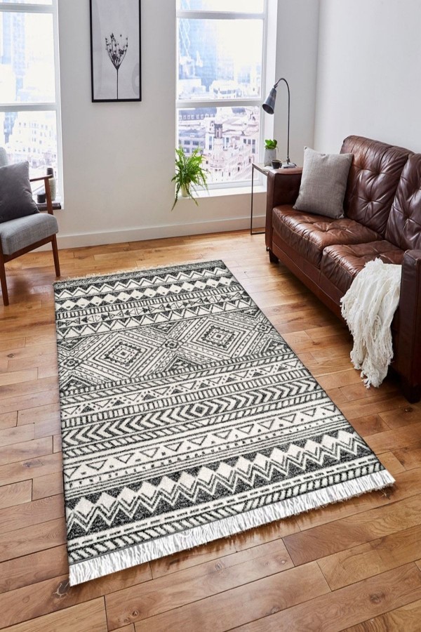 Else Gri Siyah Beyaz Vintage Saçaklı Bohem Kilim Halı