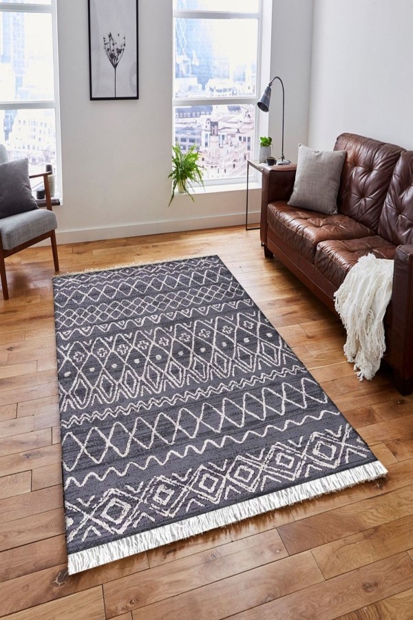 Else Lacivert Beyaz Çizgiler Vintage Saçaklı Bohem Kilim Halı