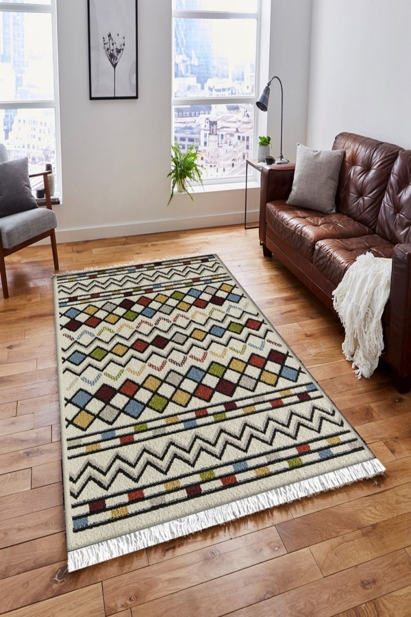 Else Yeşil Sarı Turuncu Mavi Karolar Vintage Saçaklı Bohem Kilim Halı
