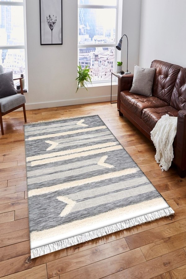 Else Gri Krem Ok Çizgiler Vintage Saçaklı Bohem Kilim Halı