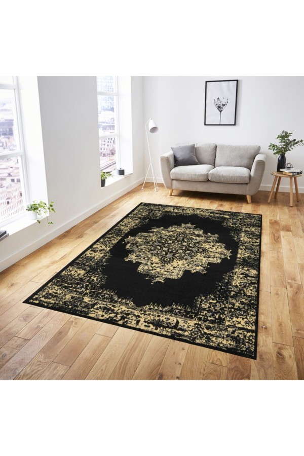 Siyah Sarı Eskitme Otantik Desenli Makinede Yıkanabilir Kaymaz Taban Halı Siyah Sarı Eskitme Otantik Desenli Makinede Yıkanabilir Kaymaz Taban Halı