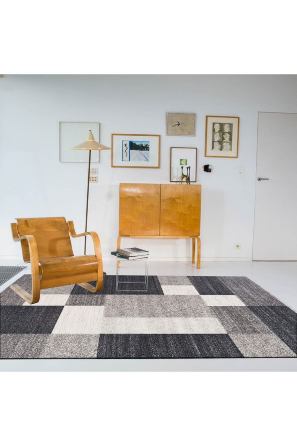 Gri Siyah Kutular Patchwork Desenli Makinede Yıkanabilir Kaymaz Taban Halı